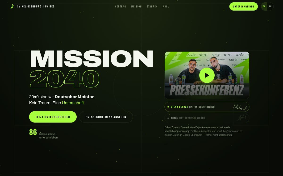 1senburg United: Website Desktop-Ansicht